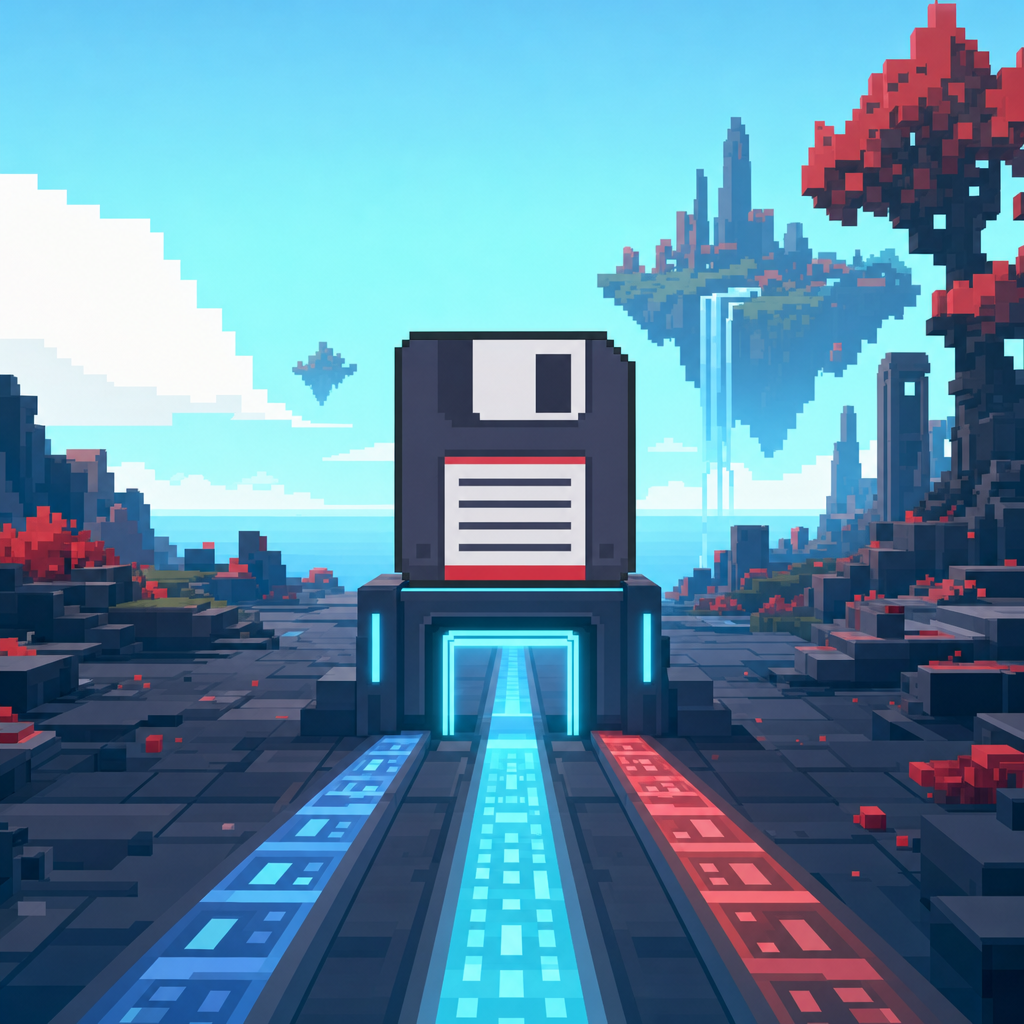 The floppy disk standing on a glowing gateway in a voxel world of floating islands